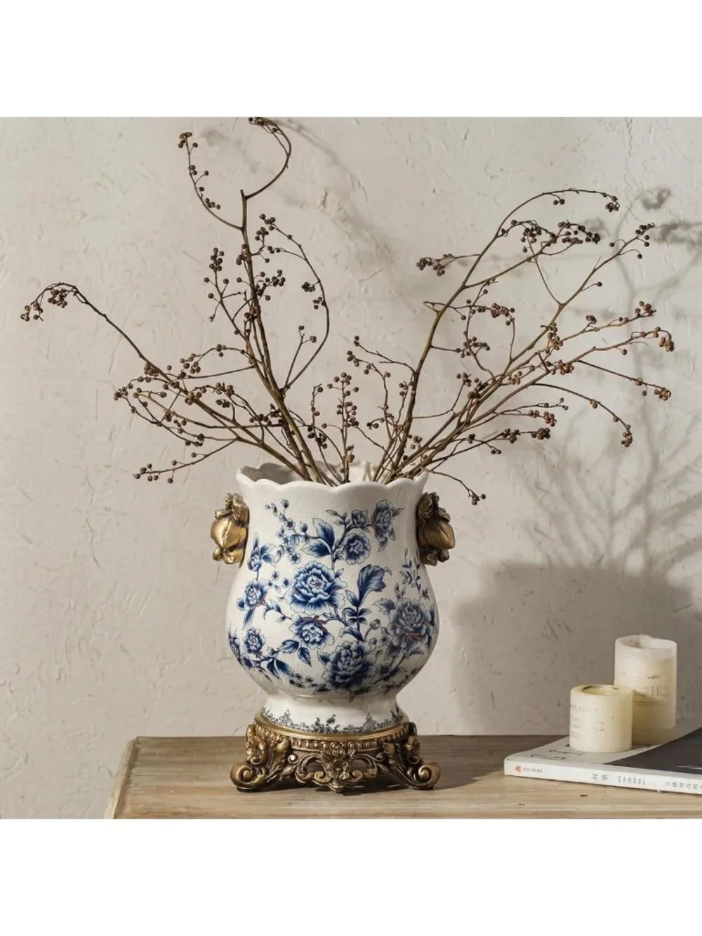 Vintage Blue & White Ceramic Vase, Gold Pedestal Chinoiserie Floral Urn, 8.3